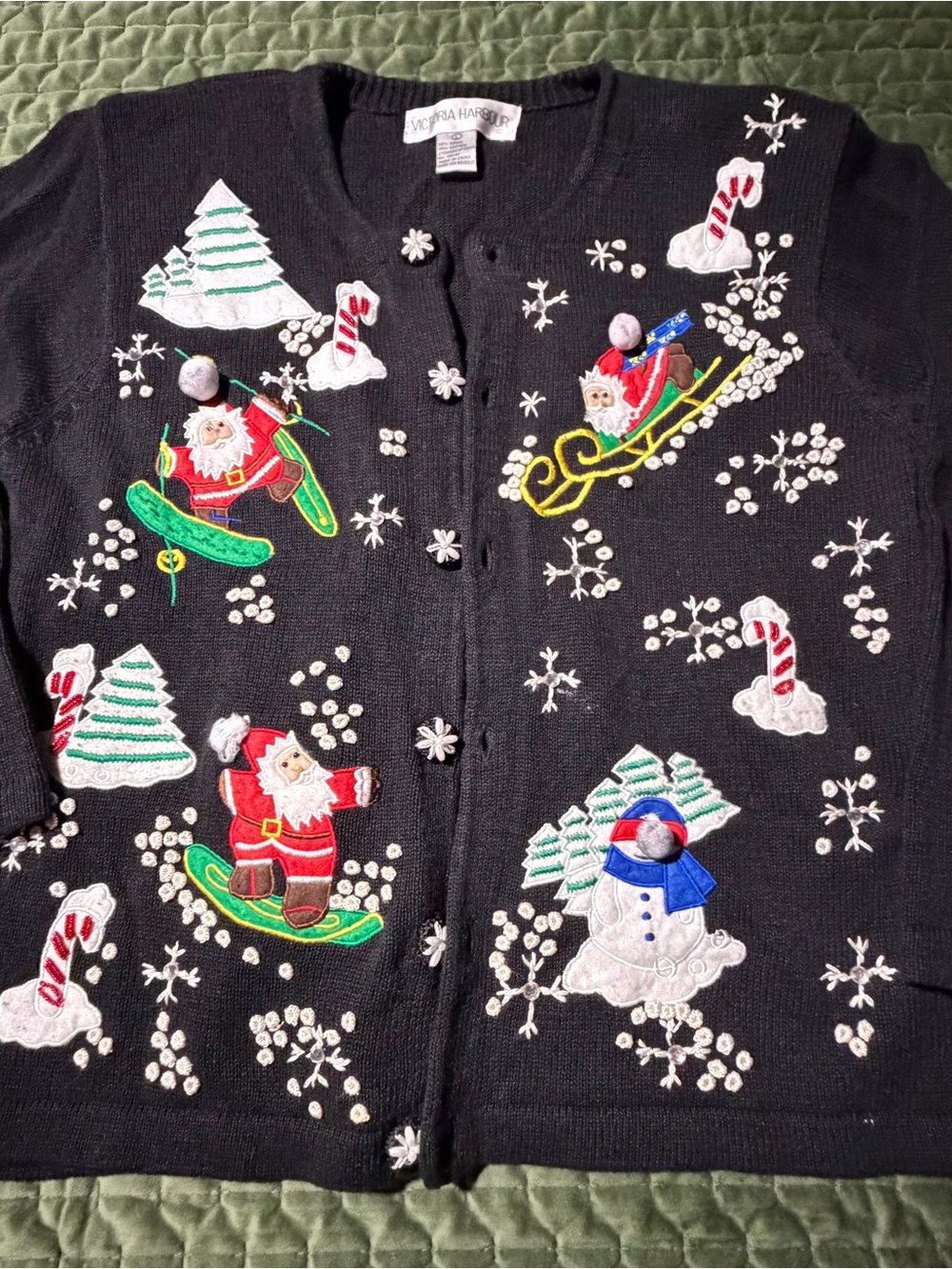 Victoria Harbour black embellished beaded Christmas holiday sweater cardigan LG